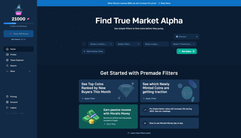 Archivo 2023: dashboard del Token Explorer de Moralis Money
