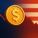 Moneda cripto estilizada con gráfico de subida y caída (ilustración)